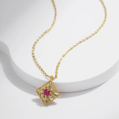 Upgrade Your Style with MQ's 925 Silver Necklace - Square Gold With Pink Stone for Women!