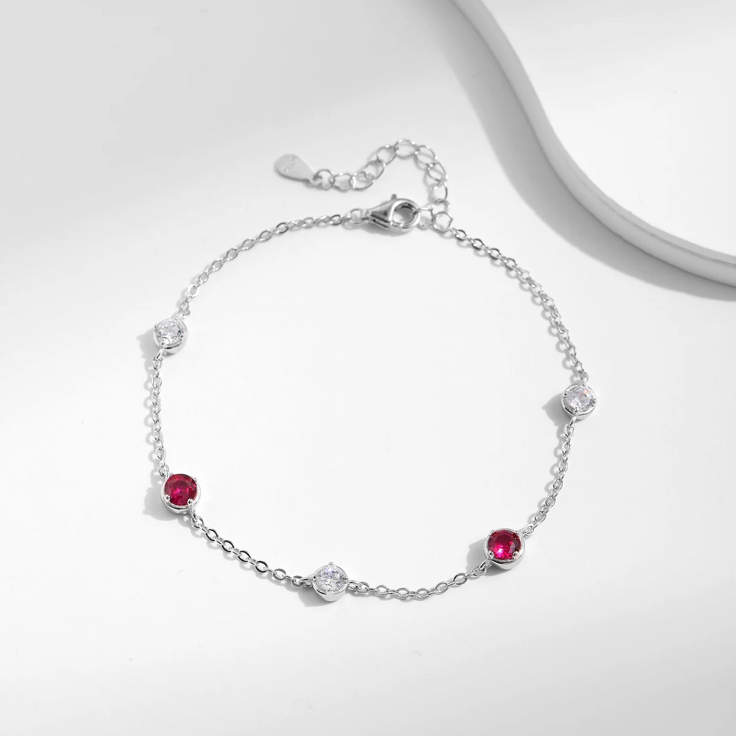 Adjustable S925 Silver Bracelet with Red Stones for Women - MQ