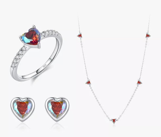MQ Heart Shaped 925 Sterling Silver Jewelry Set for Women - Ring, Earrings, Necklace