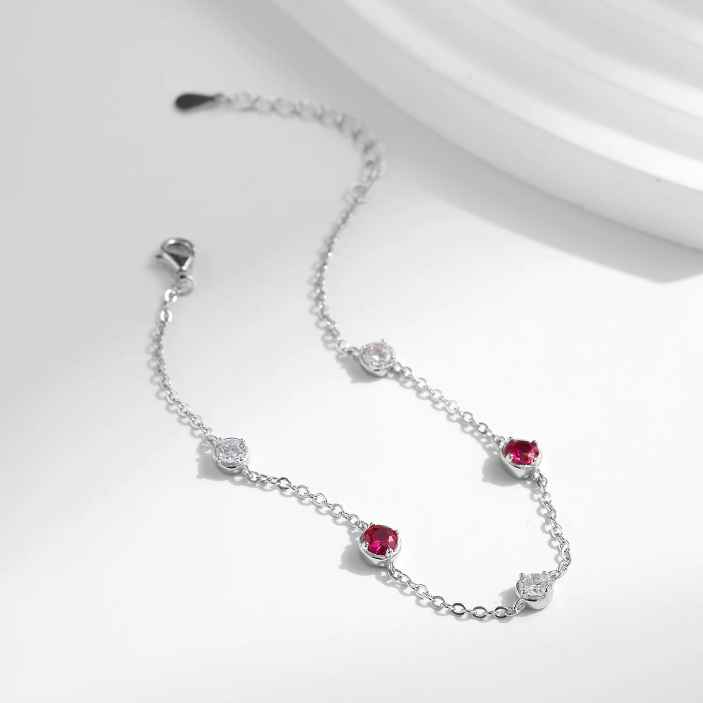 Adjustable S925 Silver Bracelet with Red Stones for Women - MQ