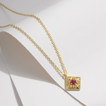 Upgrade Your Style with MQ's 925 Silver Necklace - Square Gold With Pink Stone for Women!